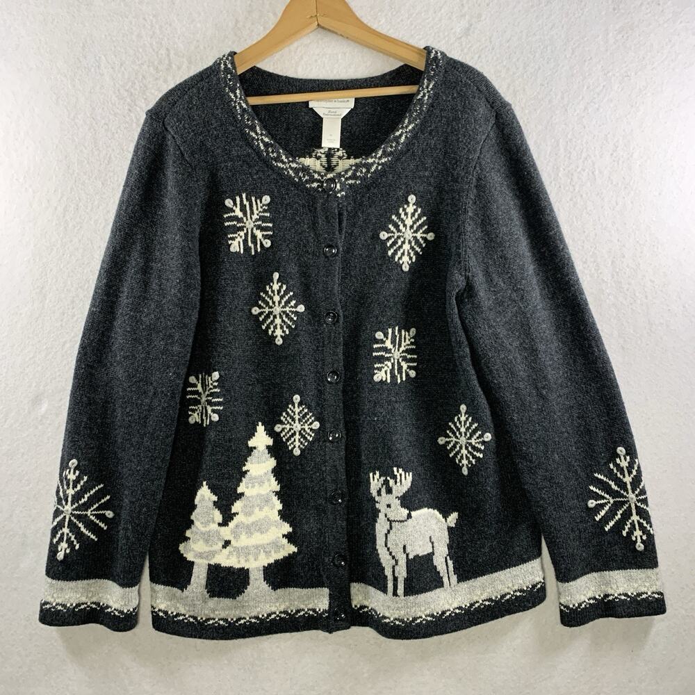 Womens Hand Embroidered Novelty Cardigan Sweater Sz XL Winter Holiday Festive